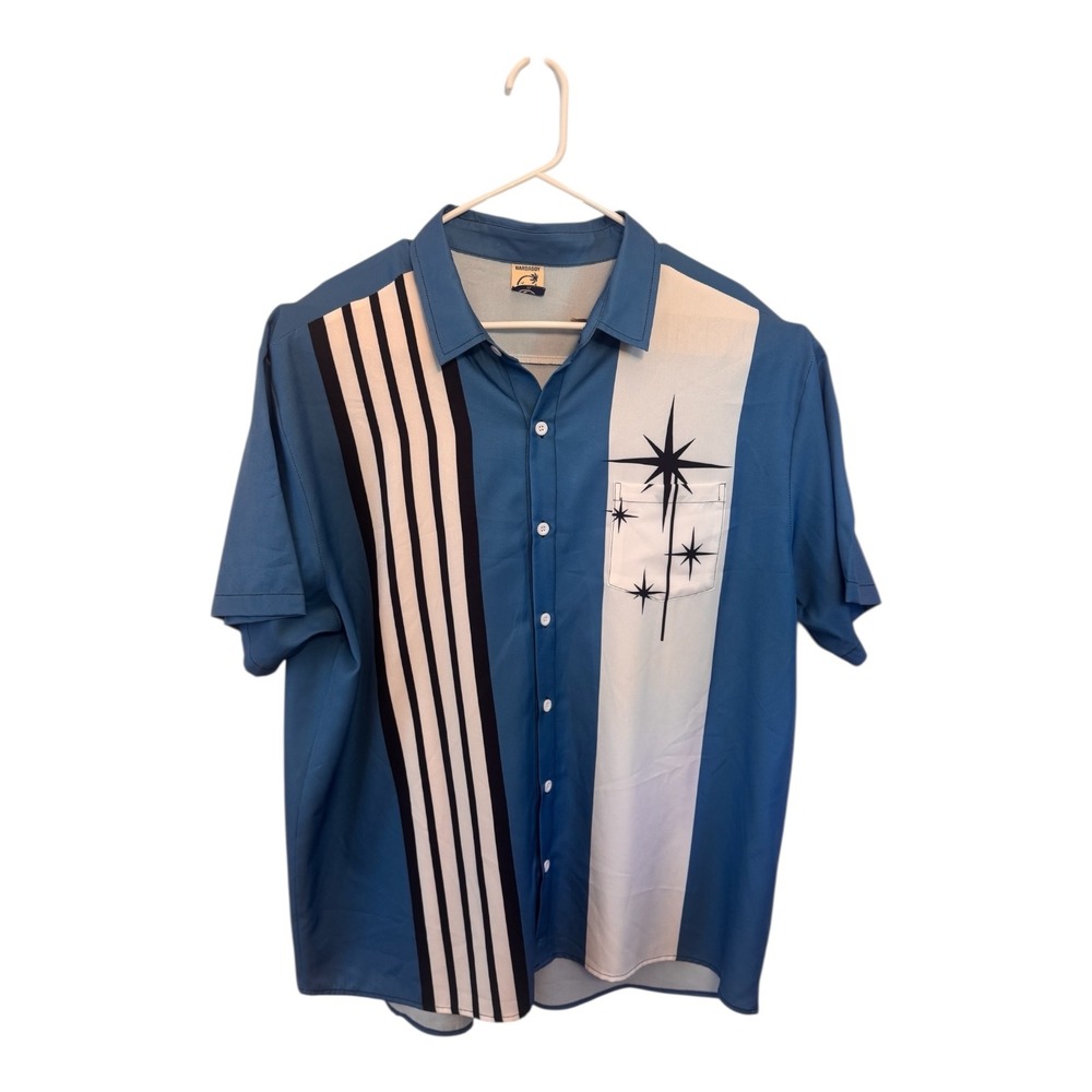 Hardaddy Mens XL Blue Atomic Starburst Bowling Shirt Retro Rockabilly 1442660#